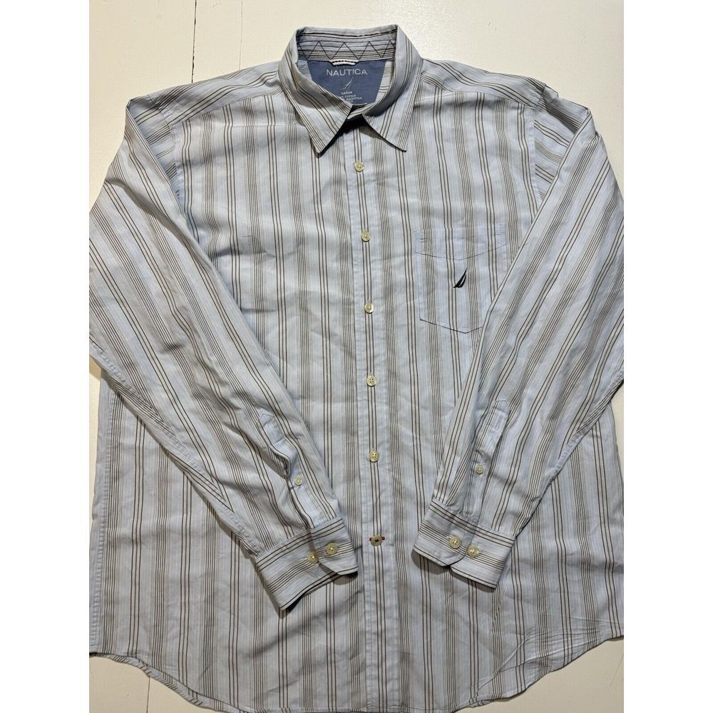 Nautica Mens XL Ventilated Armpit Light Blue & Tan Stripe Long Sleeve